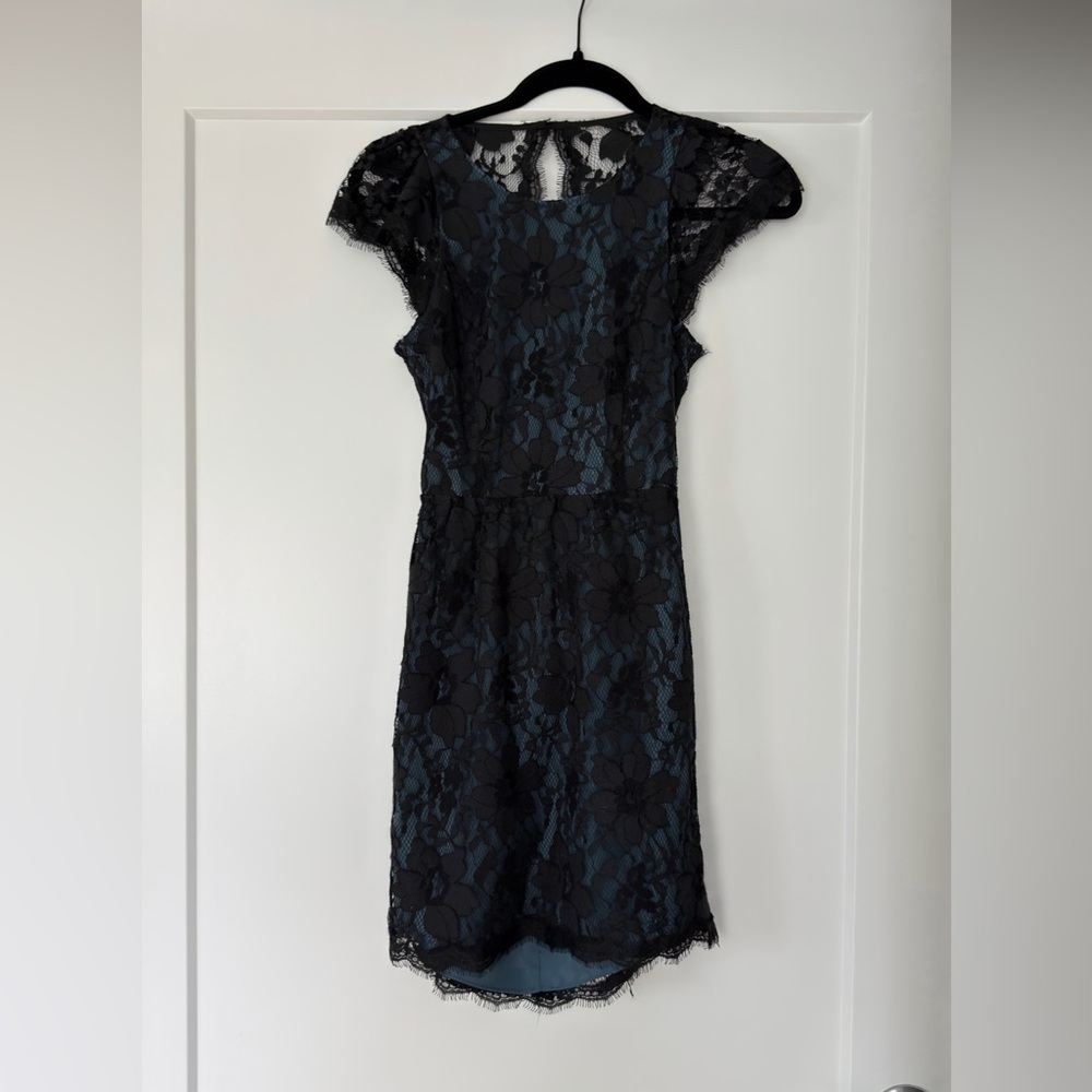 BCBGeneration Black Lace Overlay Dress with Blue Underlay